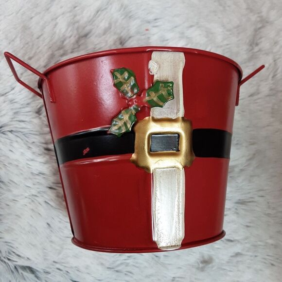 Greenbrier International Santa Suit Metal Bucket 5" Handles and Holly - Picture 9 of 10